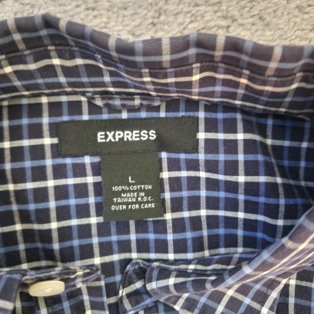 Express Navy and White Plaid Men's Shirt - Picture 2 of 2